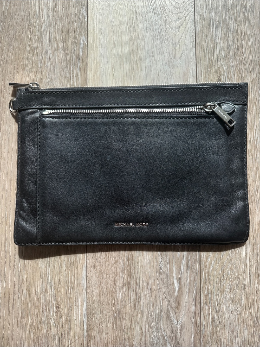 Michael Kors Black Leather Clutch with Silver Hardware
